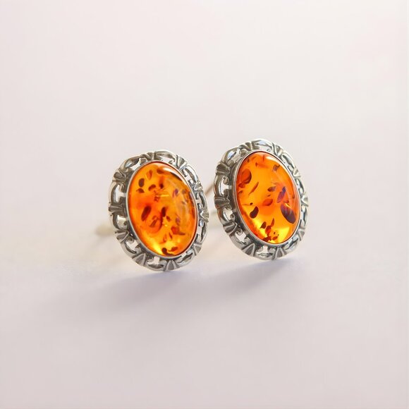 Baltic Amber Clip On Victorian Earrings in Sterling Silver - Picture 1 of 5